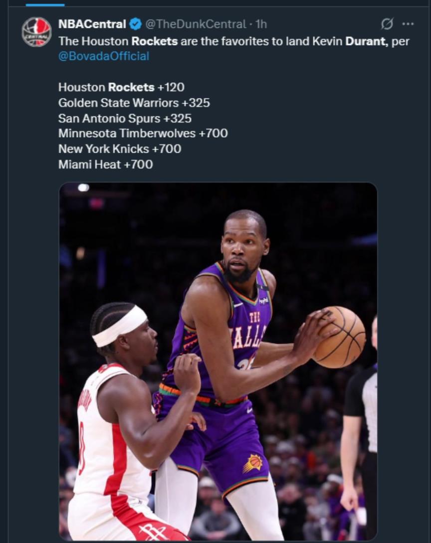 難道說？美媒曬杜蘭特下家賠率，火箭大幅度領(lǐng)跑！